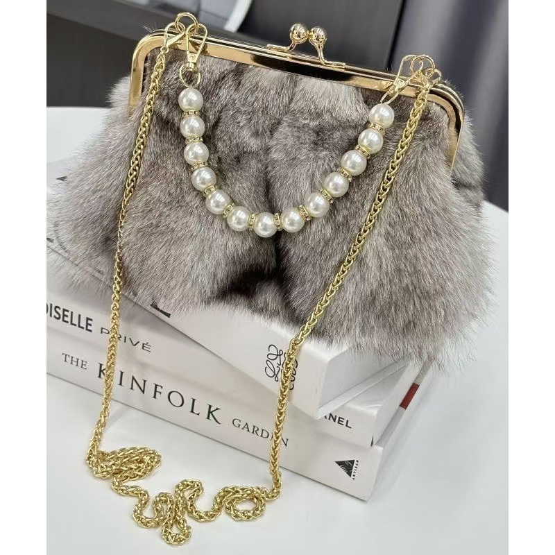 Boutique Grey Fuzzy Fur Fluffy Chain Linked Messenger Bag