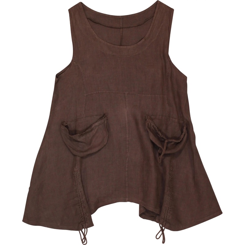 Brown Linen Sleeveless Pocket Top