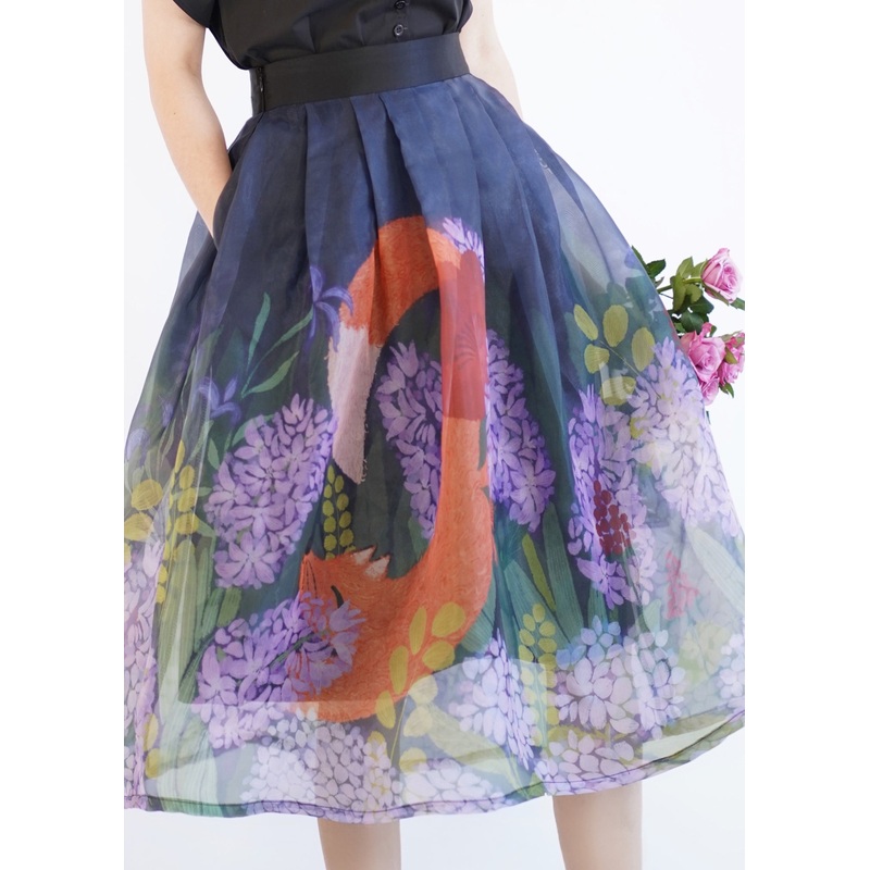 Casual Blue Print Wrinkled Tulle Maxi Skirt