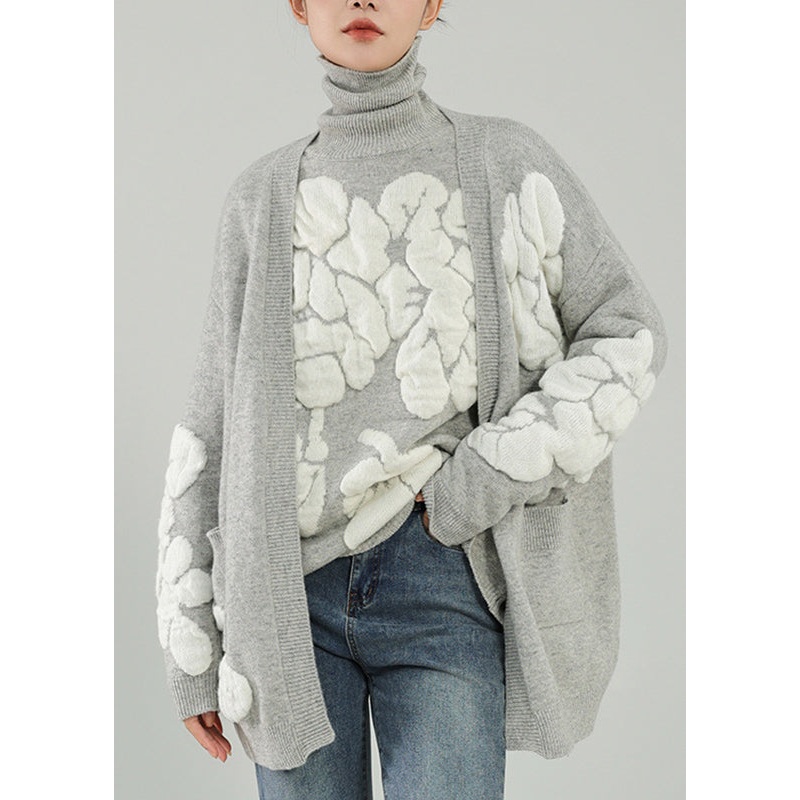 Casual Grey V Neck Floral Wool Knit Cardigans Winter