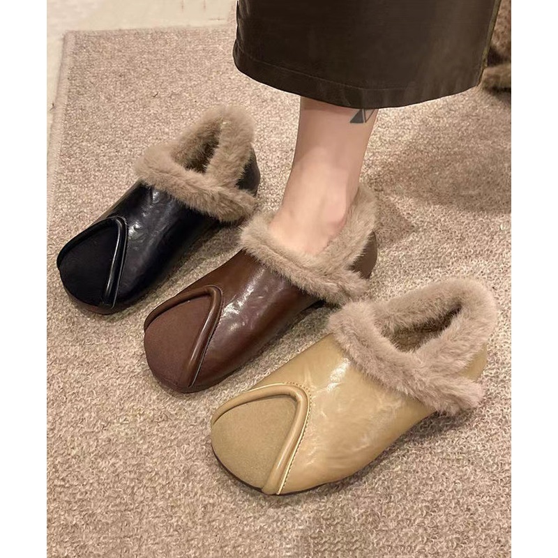 Casual Khaki Comfy Splicing Flat Feet Shoes Fuzzy Wool Lined