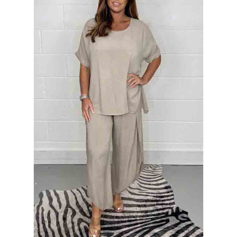 Casual Solid Color Oversized Side Open Linen Two Pieces Set Summer