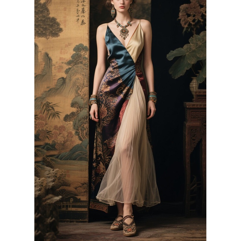 Chic Colorblock Asymmetrical Patchwork Silk Spaghetti Strap Dress Summer