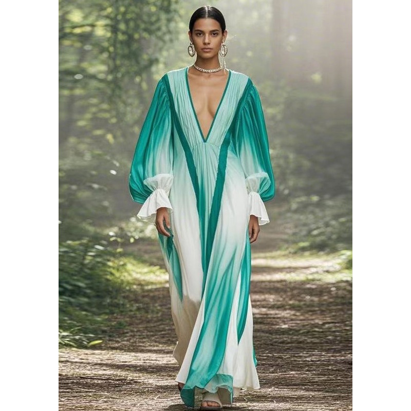 Chic Gradient Color V Neck Original Design Chiffon Long Dresses Flare Sleeve