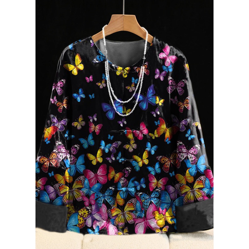Chinese Style Black Butterfly O-Neck Embroidered Silk Coats Fall