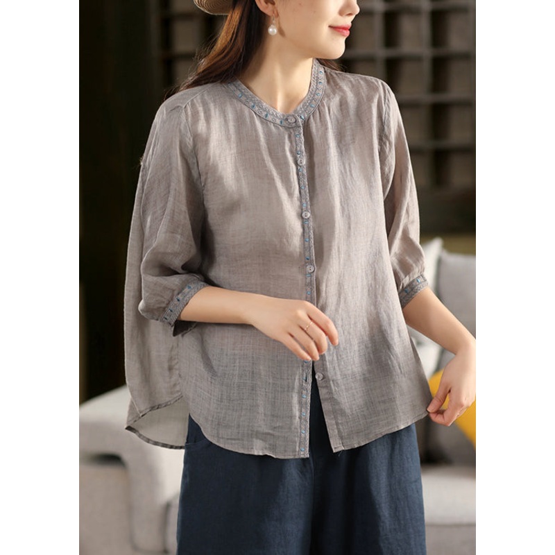 Classy Grey Embroidered Button Linen Blouses Half Sleeve