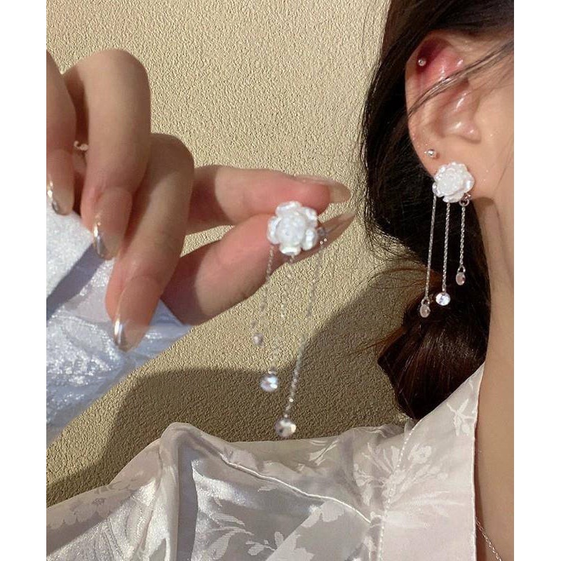 Classy White Alloy Crystal Camellia Tassel Drop Earrings