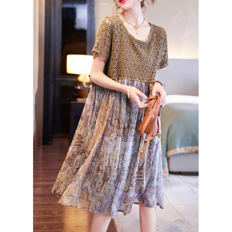 Coffee Print Chiffon Patchwork Summer Dress Hollow Out