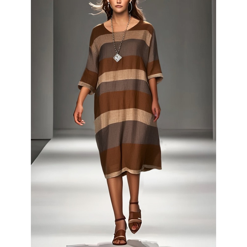 Coffee Striped Linen Mid Dress V Neck Short Sleeve