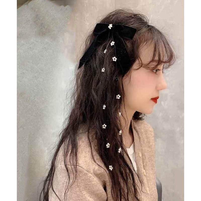 Cute Black Silk Velour Bow Pearl Floral Tassel Hairpin