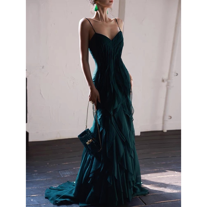 Dark Green Mermaid Ruffle Chiffon Long Prom Dress J3239