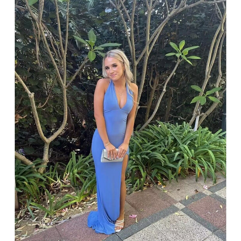 Deep V Neck Blue Sheath Long Prom Dresses J2776