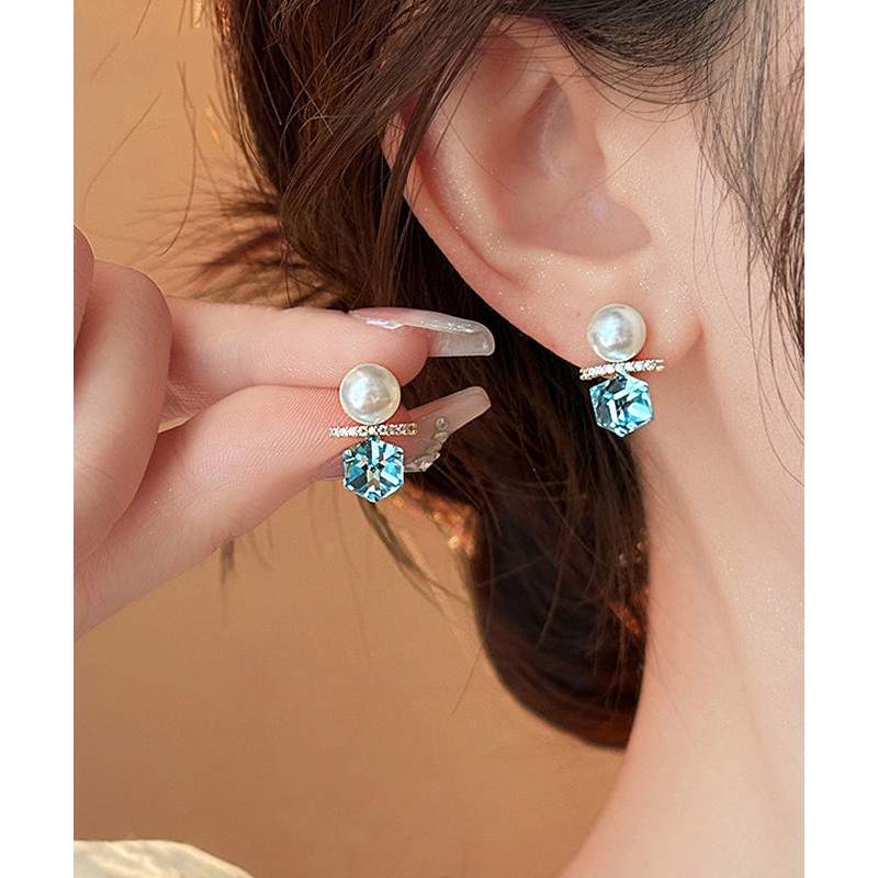 DIY Lake Blue Copper Alloy Zircon Pearl Stud Earrings