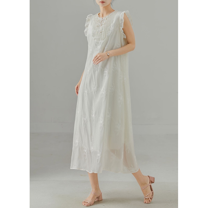 DIY White Embroidered Chinese Button Chiffon Dress Sleeveless