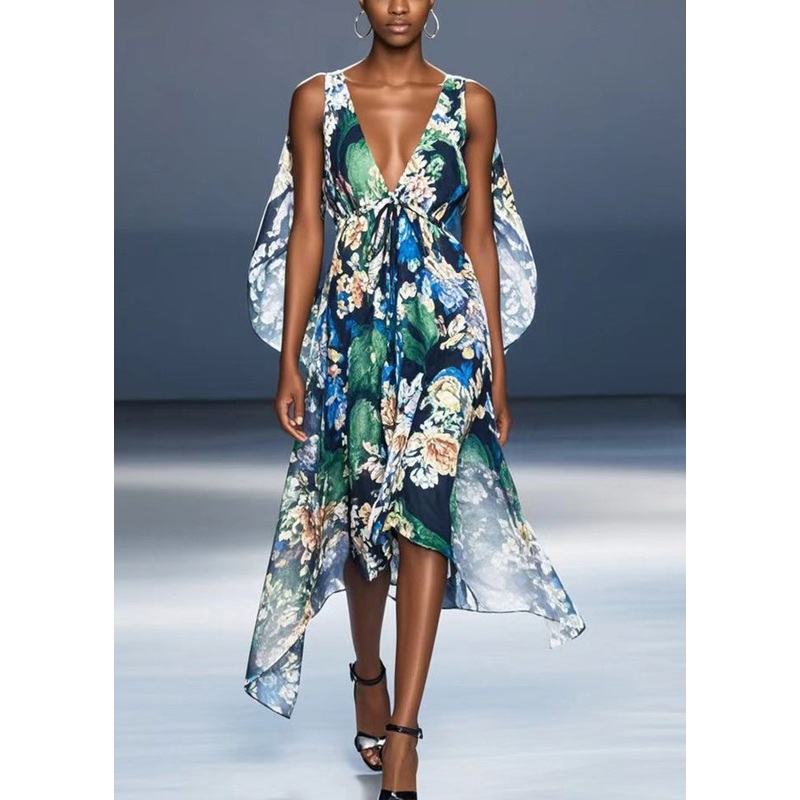 Fashion Black V Neck Print Chiffon Vacation Dresses Summer