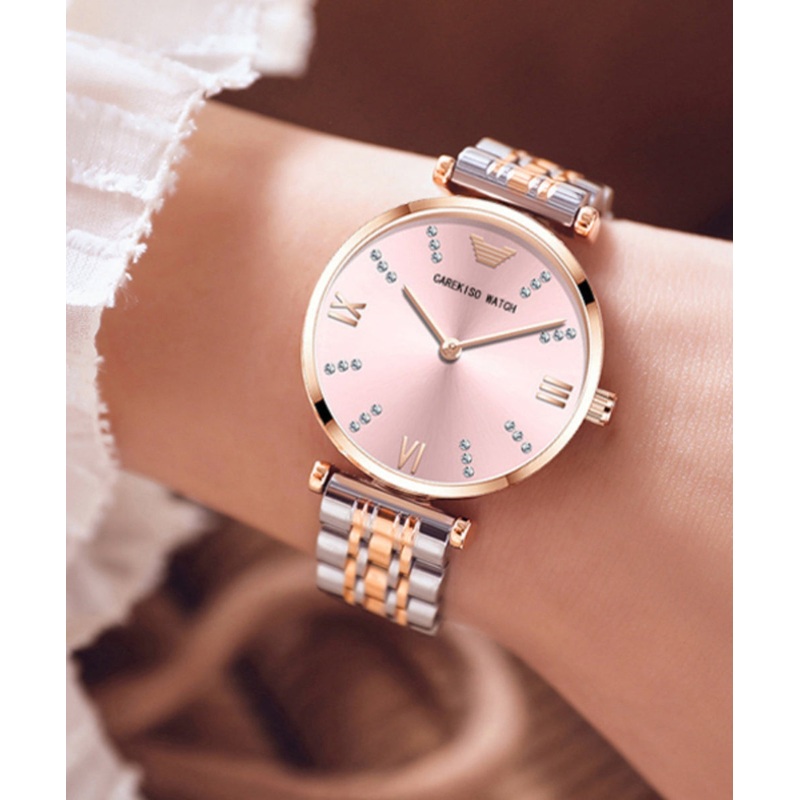 Fashion Gold White Stainless Steel Zircon Tempered Glass Watch