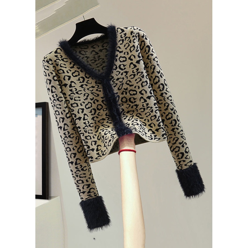Fashion Leopard V Neck Print Patchwork Cotton Knit Sweater Winter
