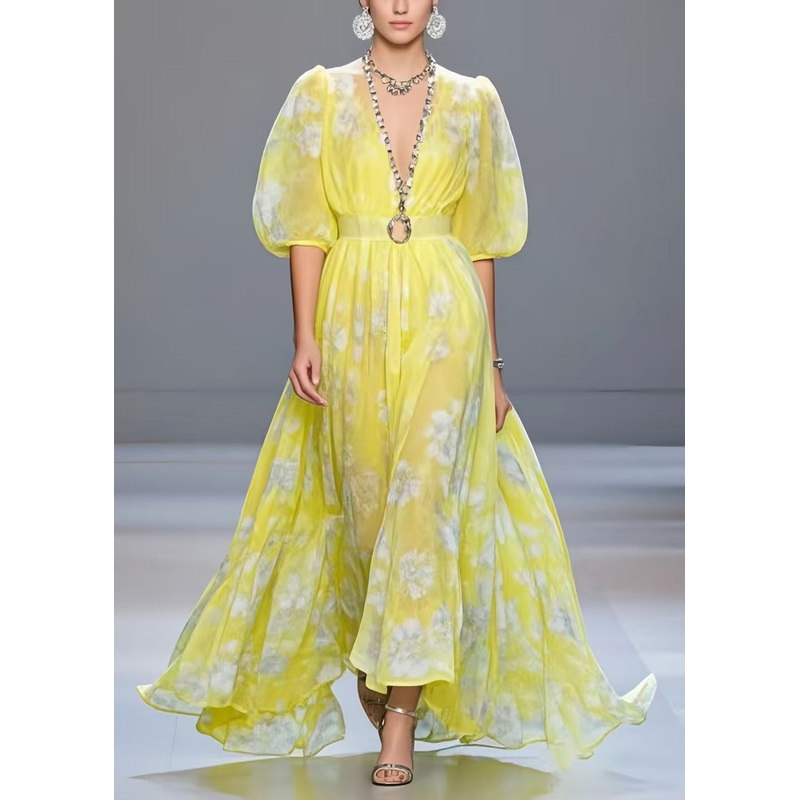 Fashion Yellow Cinched Print Chiffon Vacation Dresses Half Sleeve