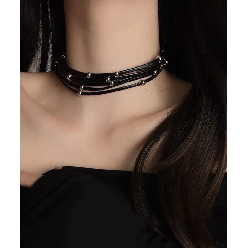 Fine Black Leather Chain Multi Layer Choker