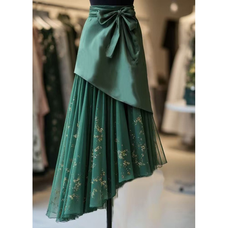 Fine Green Lace Up Chiffon Patchwork Skirts Spring