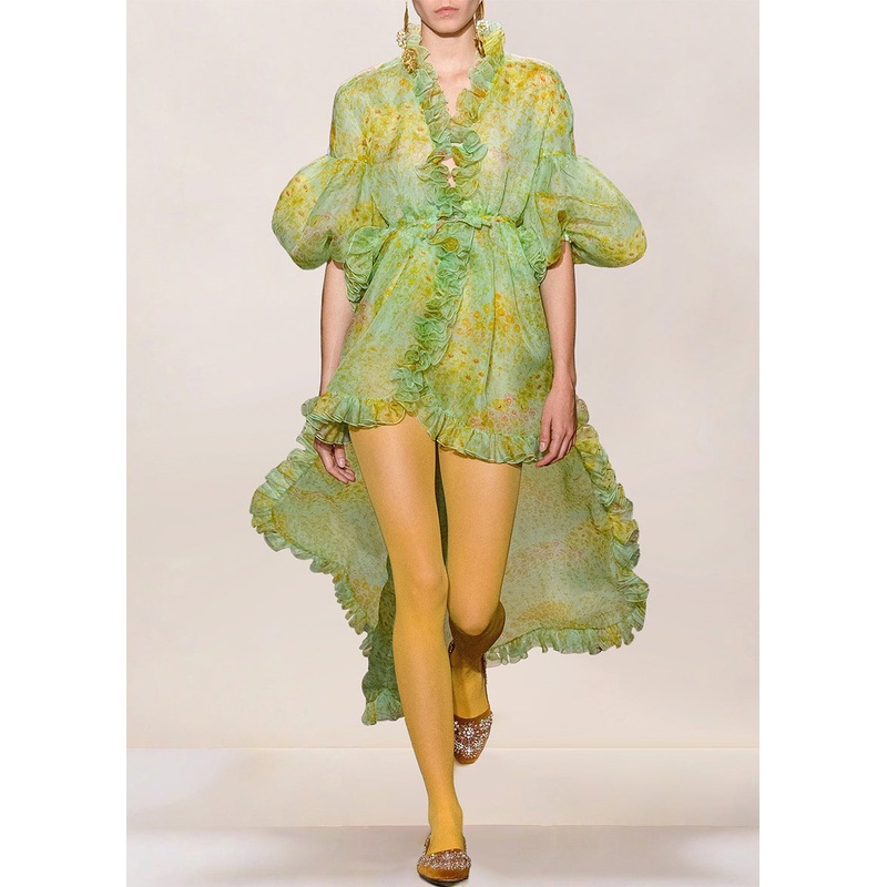Fine Green Ruffled Print Low High Design Silk Dress Lantern Sleeve