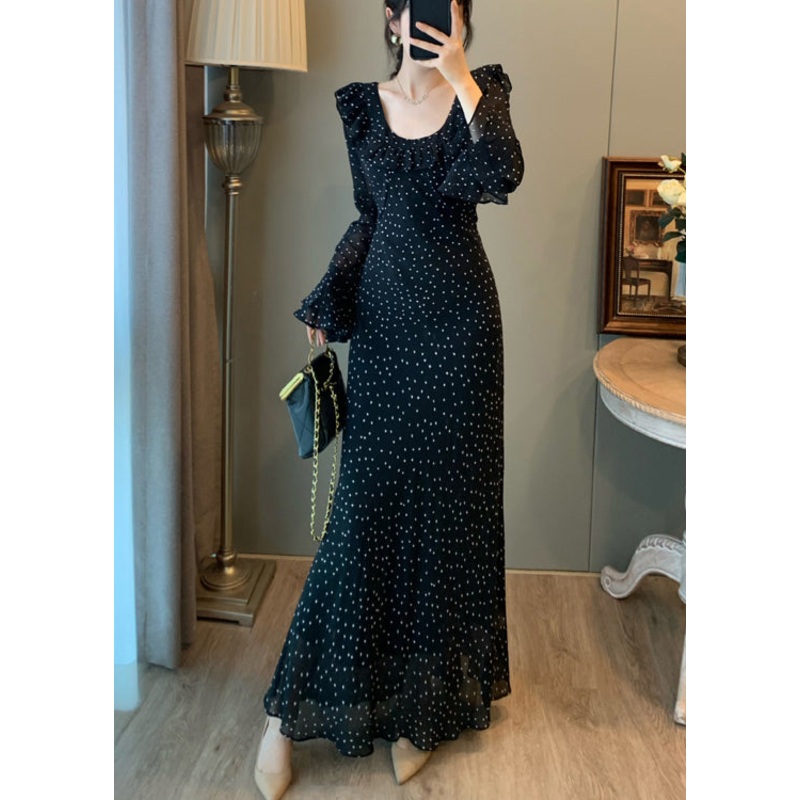 Fitted Black U Neck Print Chiffon Robe Dresses Flare Sleeve