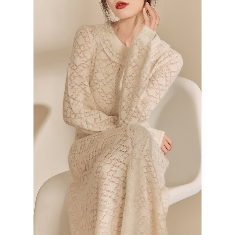 French Beige O Neck Jacquard Knitted Dress Spring