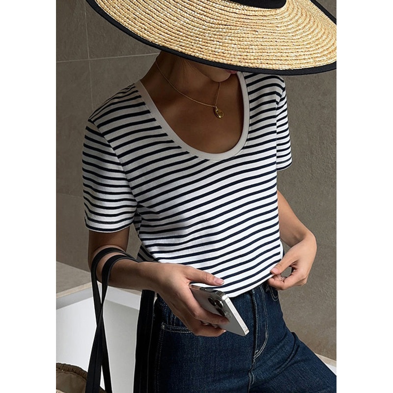 French Blue U Neck Striped Cotton T Shirt Tops Summer