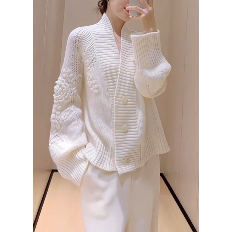 French White V Neck Button Knit Cardigans Spring