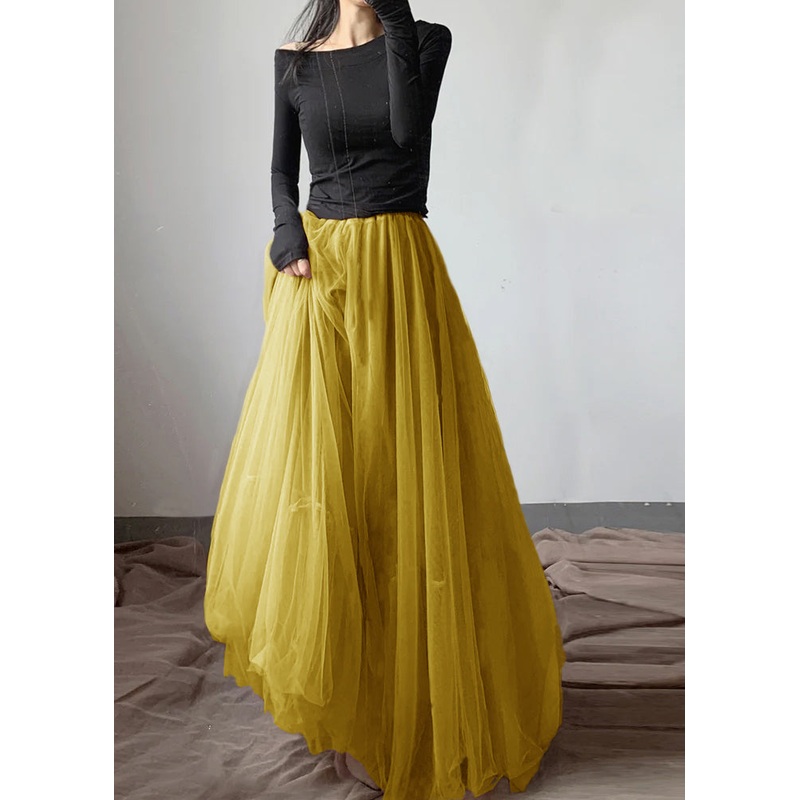 French Yellow Asymmetrical wrinkled tulle Skirt Winter