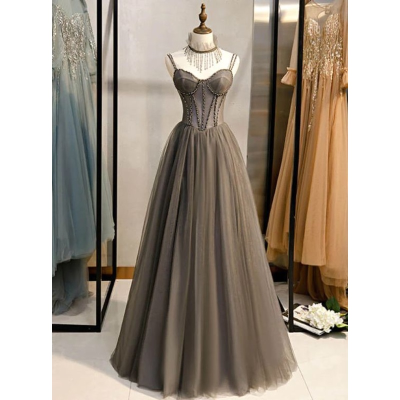 Grey A Line Tulle Long Prom Dress Formal Evening Gown 2308