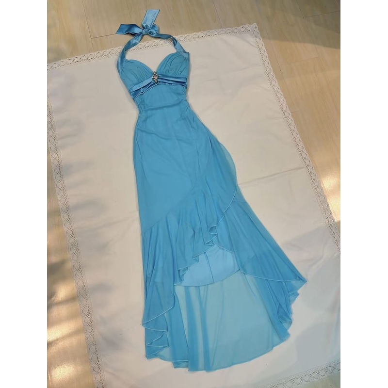 Halter Blue Ruffle Prom Dress Formal Evening Dress J5979