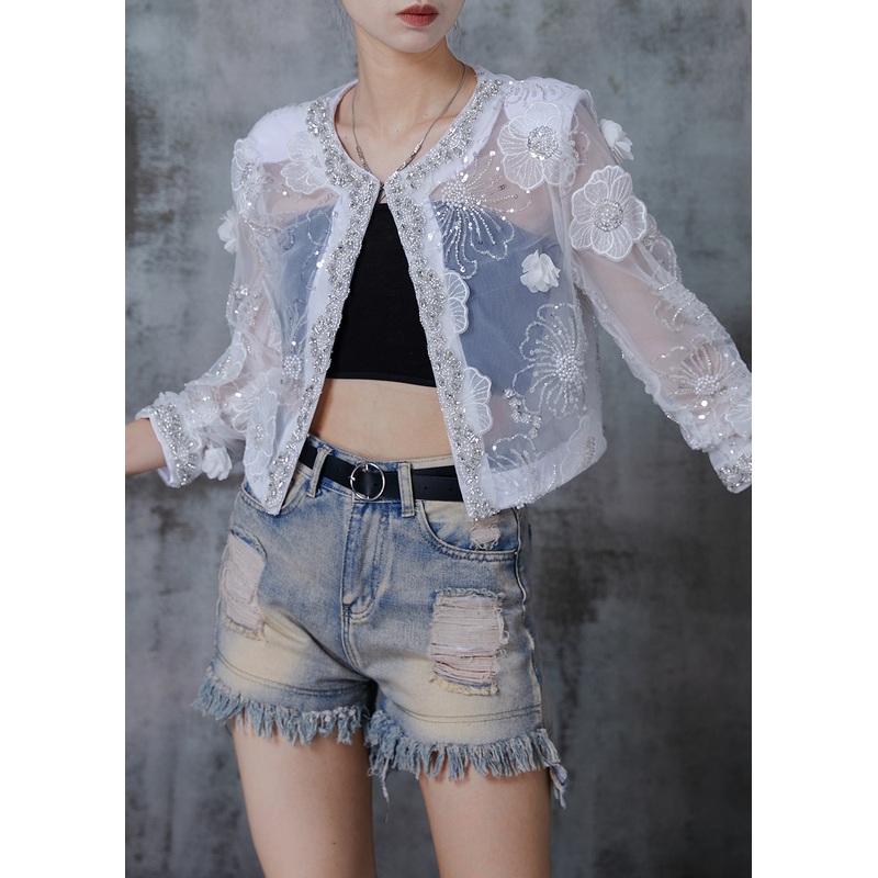 Handmade White Sequins Floral Organza UPF 50+ Cardigan Summer