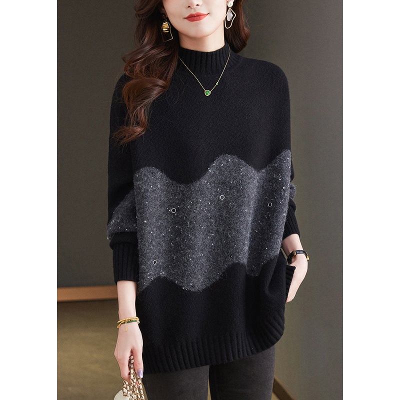 Italian Black Turtleneck Patchwork Thick Wool Knit Sweaters Winter