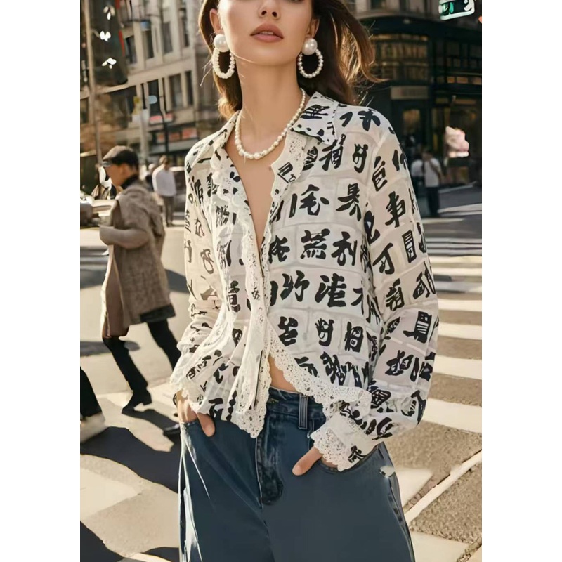 Italian White Print Lace Patchwork Chiffon Blouses Spring