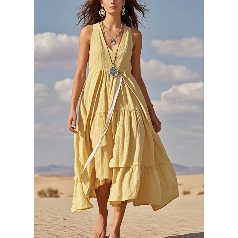 Italian Yellow V Neck Exra Large Hem Cotton Dresses Summer