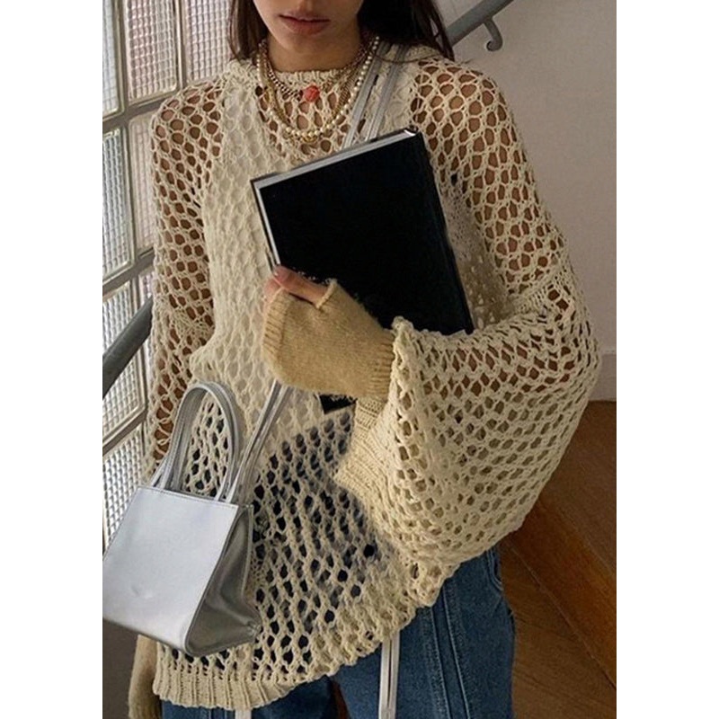 Loose Beige Hollow Out Solid Knit Sweater Summer