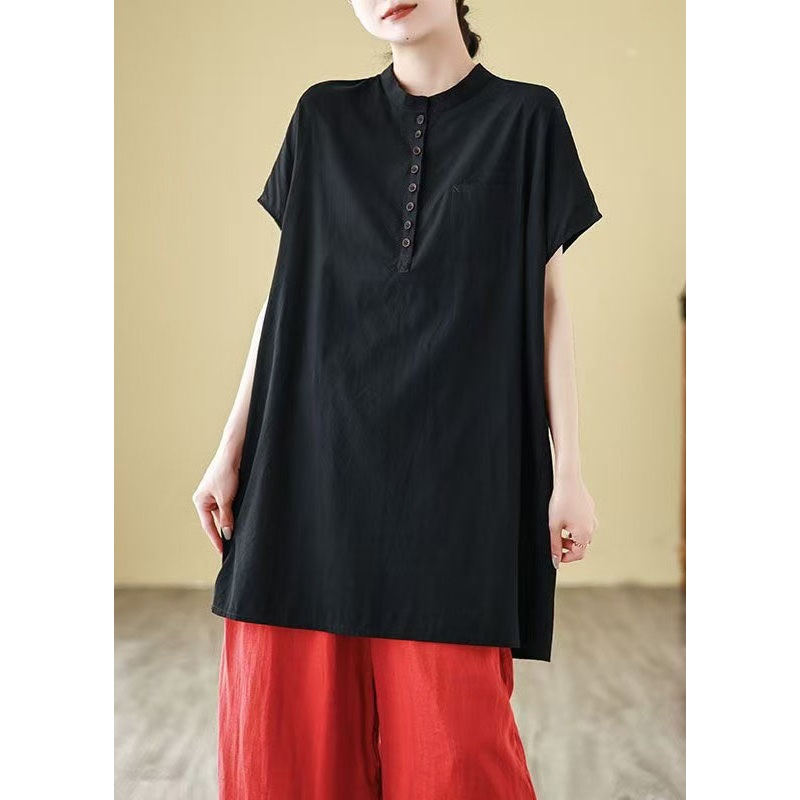 Loose Black O Neck Button Cotton T Shirts Summer