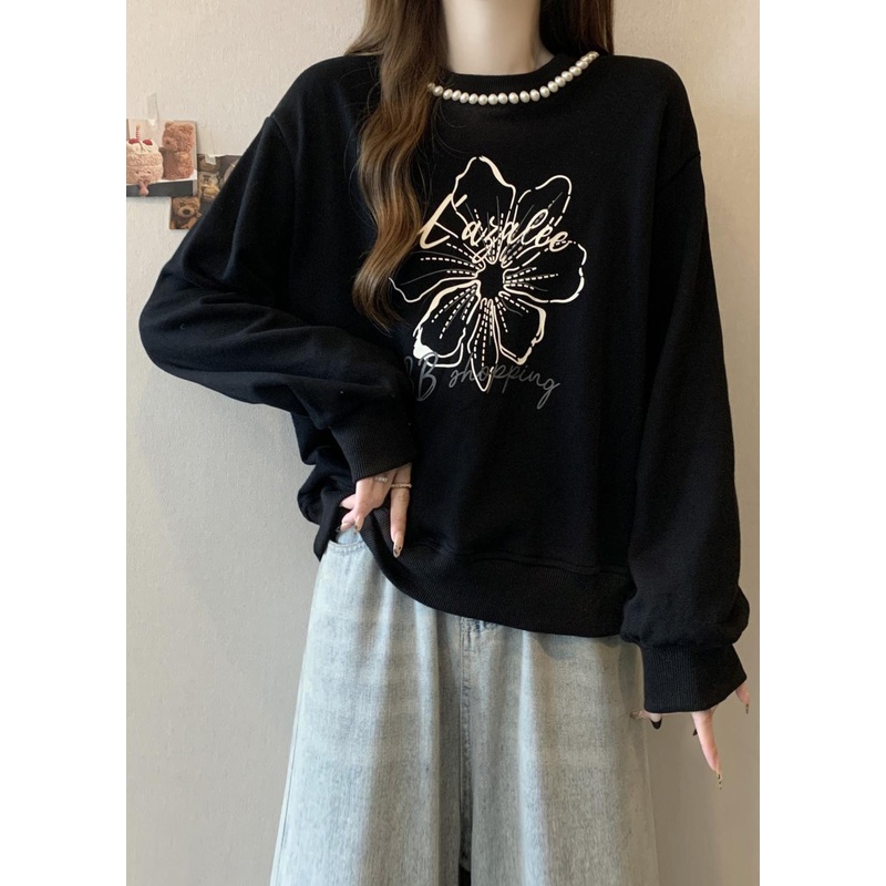 Loose Black O-Neck Pearl Print Cotton Sweatshirts Spring