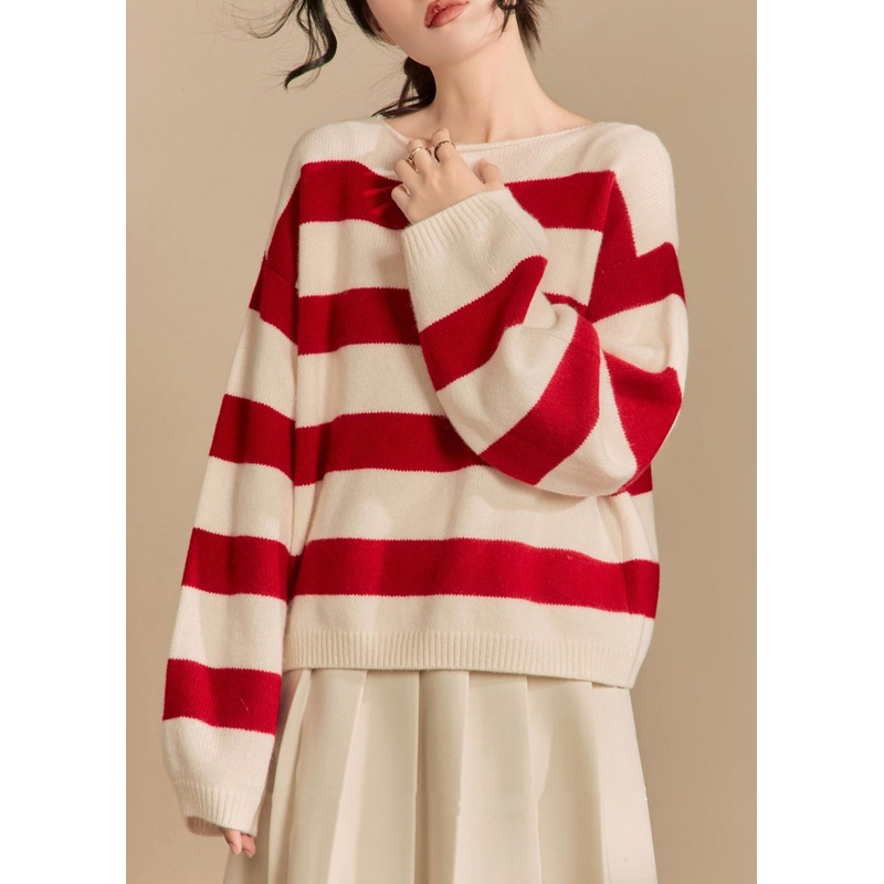 Loose Red Striped Cozy Knit Sweater Spring