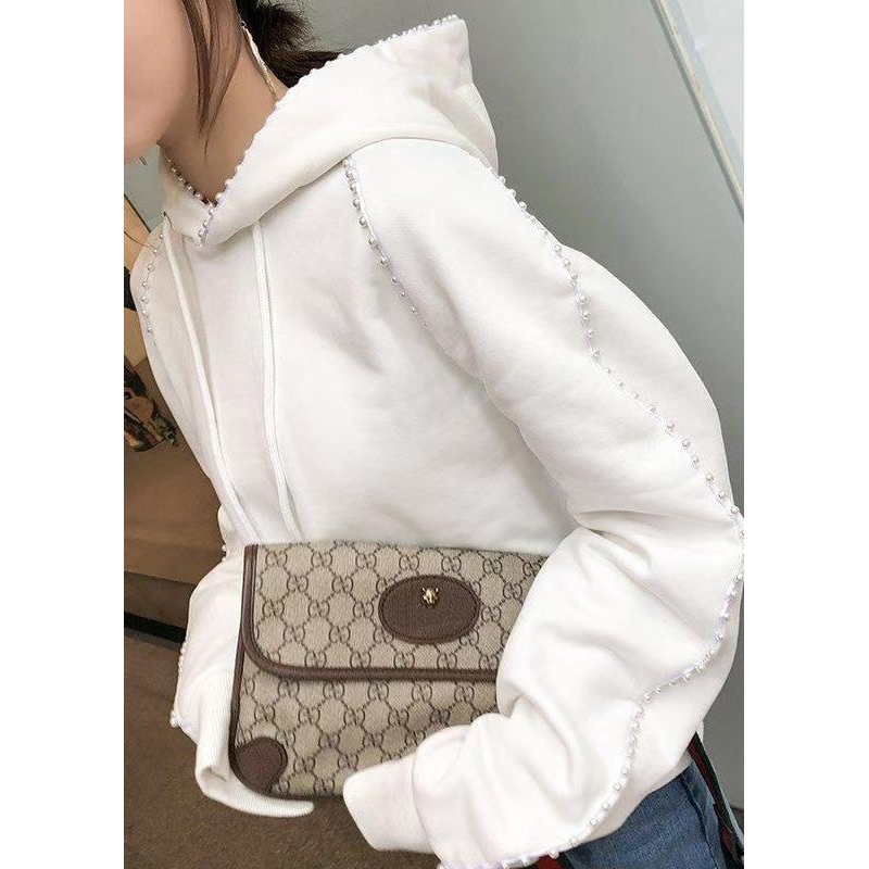 Loose White Hooded Pearl Cotton Sweatshirts Spring
