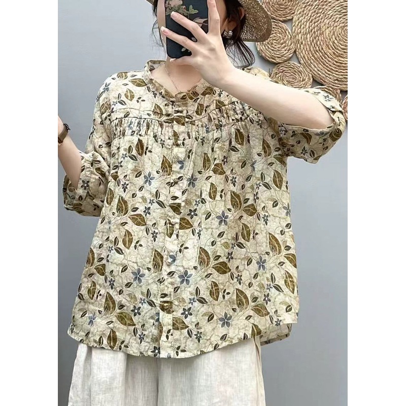 Loose Yellow Print Wrinkled Cotton Shirts Bracelet Sleeve