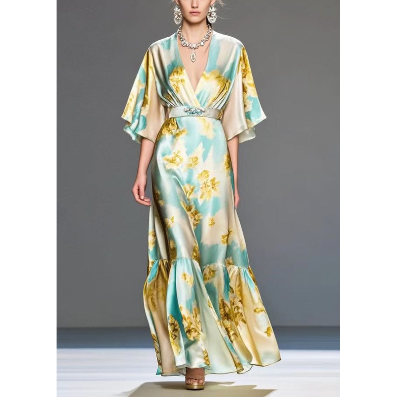 Modern Light Blue Print Silk Long Dresses Cinched Summer