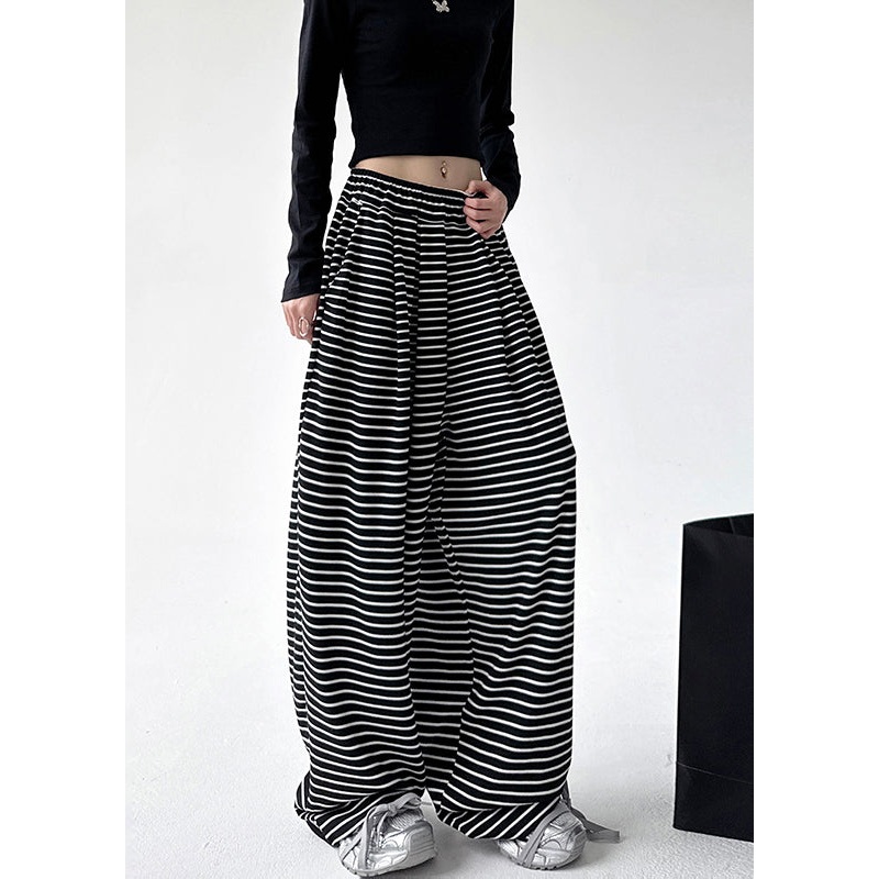 Natural Black White Striped Pockets Elastic Waist Wide Leg Pants Spring