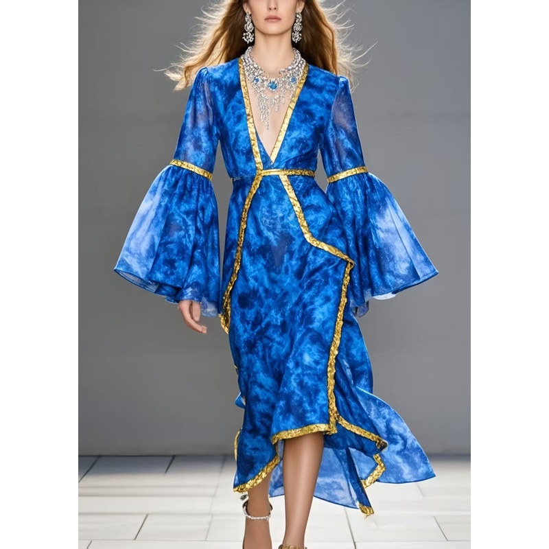 Natural Sea Blue Asymmetrical Patchwork Chiffon Vacation Dresses Flare Sleeve