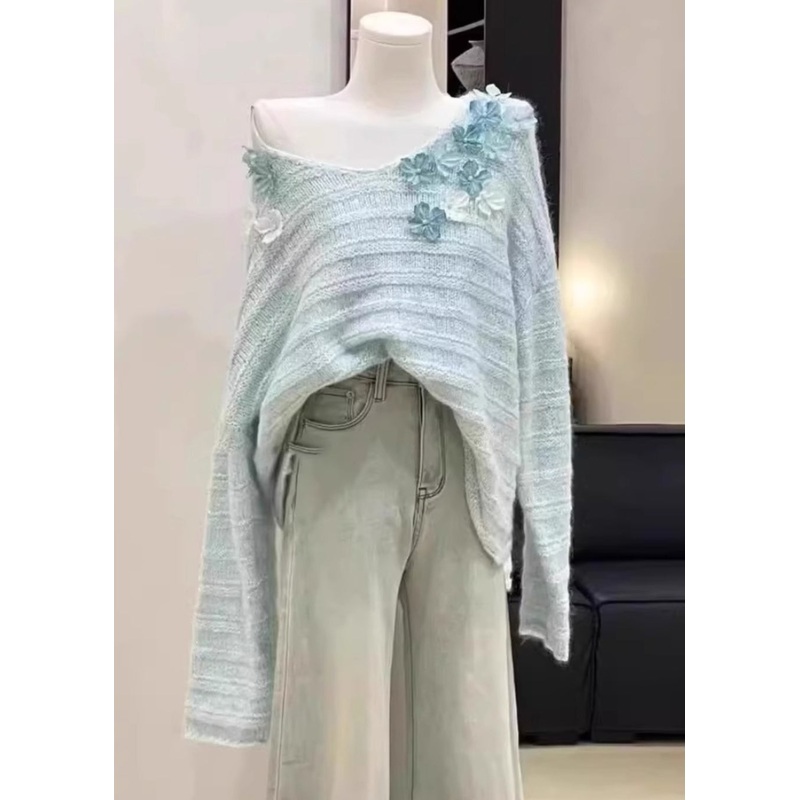 New Light Blue Cold Shoulder Floral Knit Sweaters Spring