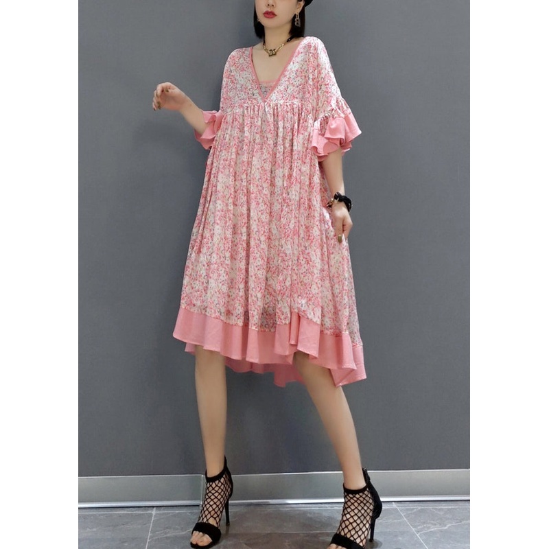 New Pink Print Patchwork Chiffon Dress Butterfly Sleeve