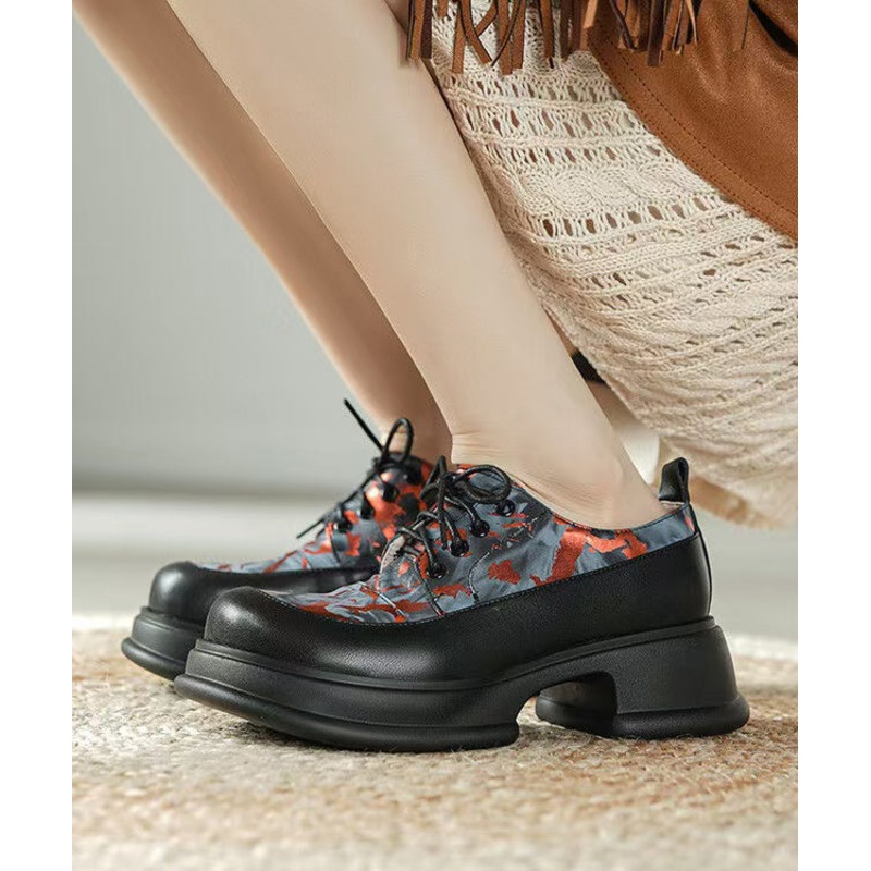 New Platform Loafers For Women Red Cowhide Leather Lace Up
