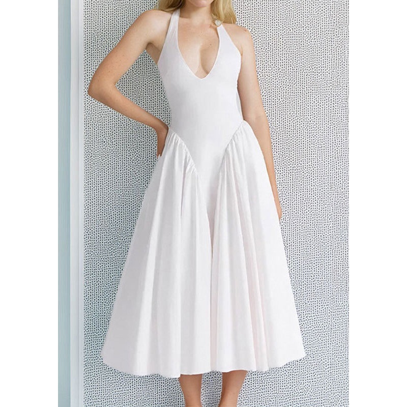 New White V Neck Pockets Solid Cotton Dress Sleeveless