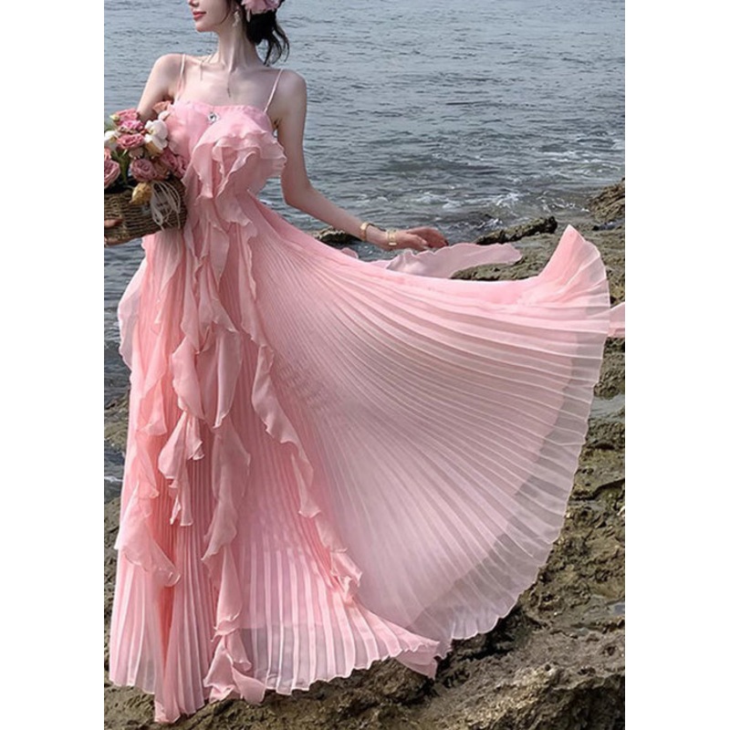 Novelty Pink Ruffled Solid Chiffon Spaghetti Strap Dress Sleeveless